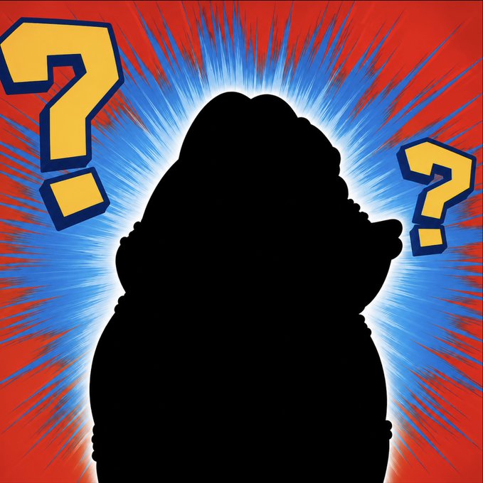 A mysterious black silhouette stands against a comic-book-style red and blue burst background, flanked by two large yellow question marks. The image's hidden figure and teasing question marks visually reinforce the post's air of secrecy, urging followers to enable notifications to be among the first to learn about $frog's undisclosed development.