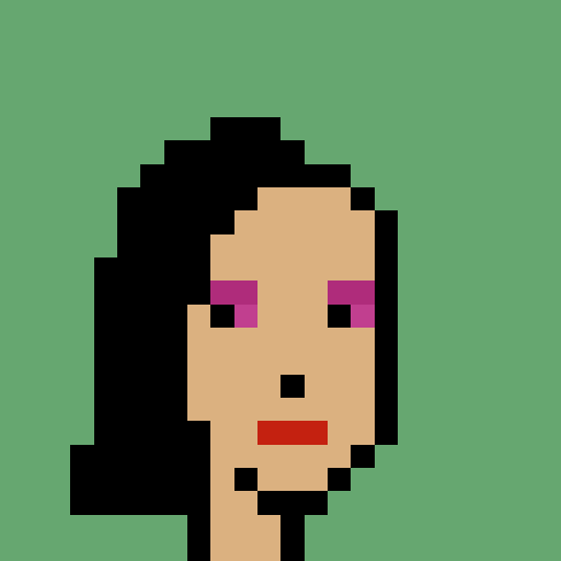 A pixel art portrait of a woman with black hair, pink eyeshadow, and red lips against a solid green background.