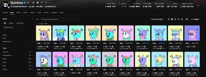 A screenshot of the Quikies NFT marketplace showing various cartoon character profile pictures (PFPs) listed for sale in ETH.