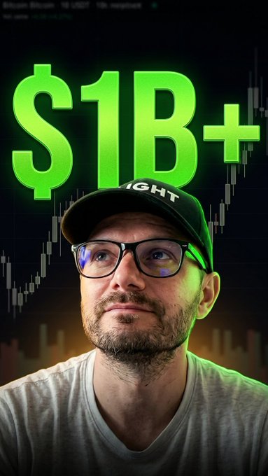 A man wearing glasses and a dark 'LIGHT' cap gazes upward, with a large glowing green '$1B+' overlaid on a candlestick chart background.