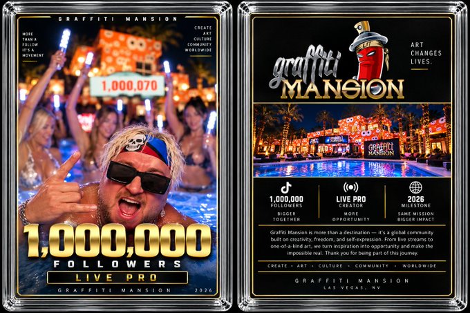 A promotional graphic for "Graffiti Mansion" celebrates reaching 1,000,000 followers and the launch of "LIVE PRO," featuring a man wearing sunglasses and a cap surrounded by a cheering crowd with phone lights and a large "1.000.070" sign; the right side highlights the brand's mission with tags like "ART CHANGES LIVES," "1,000,000 FOLLOWERS BIGGER TOGETHER," "LIVE PRO CREATOR MORE OPPORTUNITY," and "2026 ELECTION SAME MISSION BIGGER IMPACT," directly supporting the post about sending limited trading cards to top supporters who helped achieve this follower milestone.