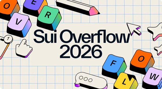 The image is a vibrant promotional graphic for "Sui Overflow 2026," featuring colorful keyboard keys, a pencil, and cursor icons on a grid background, which visually ties to the post announcing the shortlisted teams for the Sui Overflow 2026 hackathon and directing users to the DeepSurge dashboard to track competition progress.