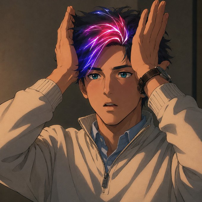 An anime illustration of a young man in a cream sweater with hands on his head, featuring glowing pink and purple energy emanating from his hair.