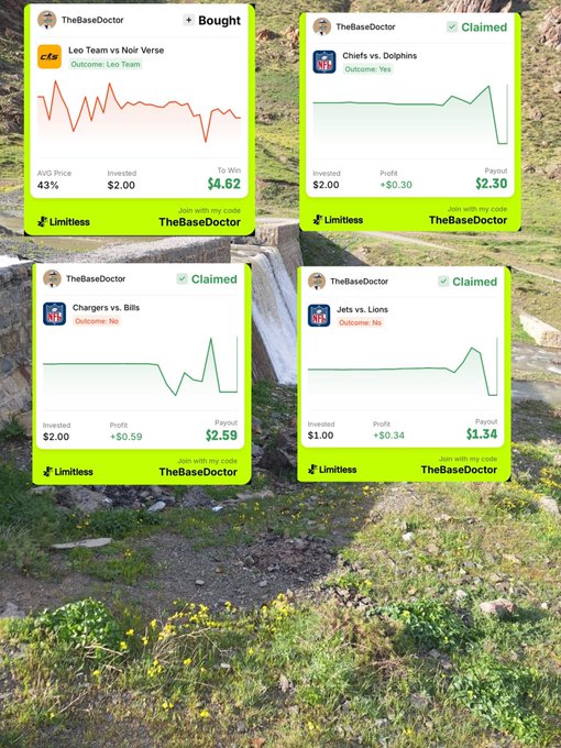 Four sports betting cards from Limitless showing outcomes for NFL games (Lions vs. Saints, Dolphins vs. Chiefs, Bills vs. Chargers, Lions vs. Jets) overlaid on a grassy outdoor background, with three marked as 'Claimed'.