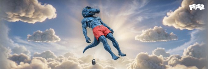 A surreal illustration of a blue T-Rex wearing red shorts, floating in the sky among fluffy clouds while holding earphones connected to a smartphone, with 'PEPE' text visible in the upper right corner.