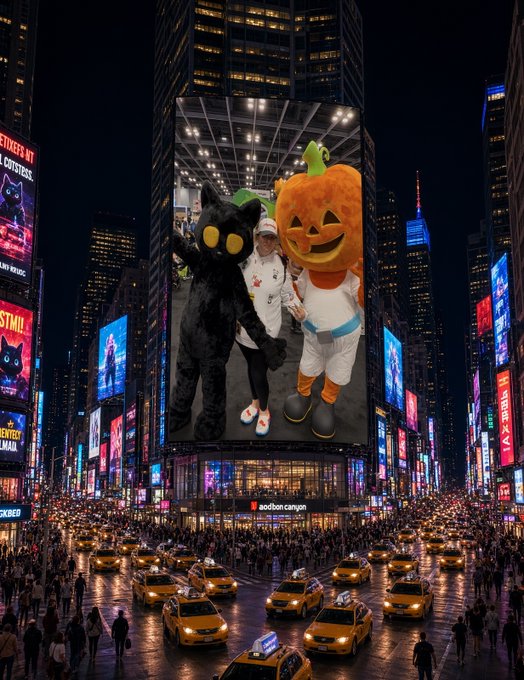 A nighttime cityscape scene, likely Times Square, featuring a massive billboard showing a person flanked by a black cat mascot and an astronaut pumpkin character, with crowds and yellow taxis below.