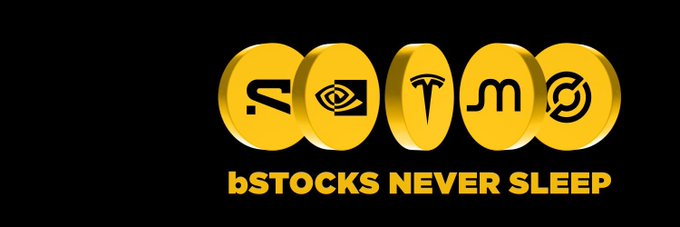 A black graphic displaying six golden coin-like logos (including recognizable crypto symbols) above the text 'bSTOCKS NEVER SLEEP'.