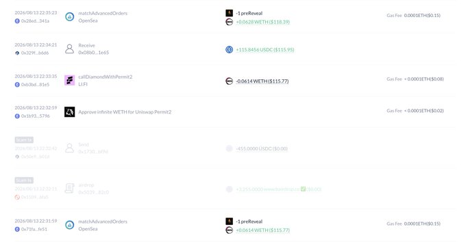 A blockchain transaction history listing OpenSea matchAdvancedOrders, Uniswap Permit2 calls, and ETH transfers with various gas fees.