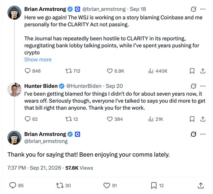 Screenshots of social media posts show a thread between Brian Armstrong (@brian_armstrong) discussing the WSJ and the CLARITY Act, and Hunter Biden (@HunterBiden) replying about his lobbying efforts.