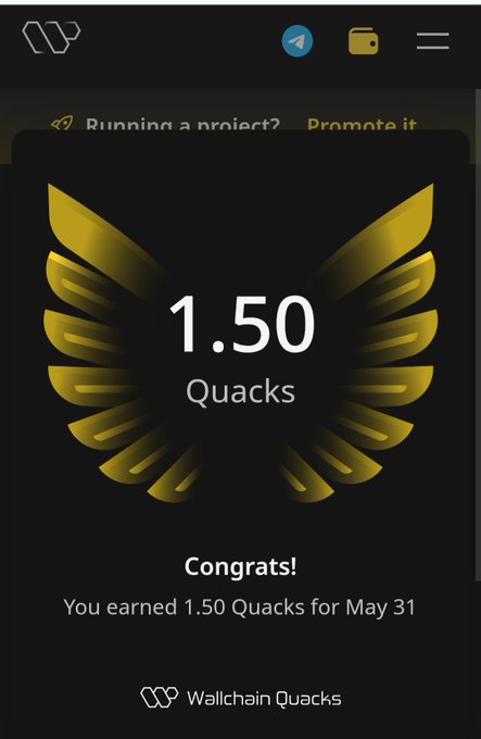 The image shows an app screen with a gold-colored logo featuring a bird's wing design, displaying the number "1,50 Quacks" along with the text "Congratulations! You earned 1,50 Quacks for May 31". The background of the image is black and white.