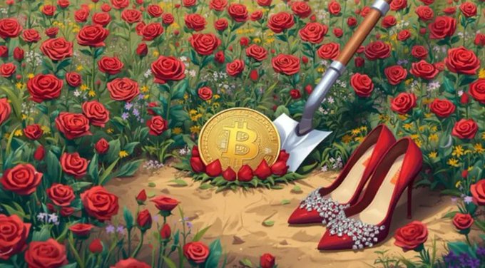 A digital artwork depicting a large gold Bitcoin coin and a shovel resting on a bed of rose petals, surrounded by red roses, with a pair of ornate red high heels placed on the dirt path beside them.