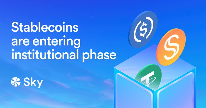 A blue promotional graphic reads "Stablecoins are entering institutional phase" with the Sky logo, featuring 3D coins with dollar, S, and T symbols emerging from a glass cube.