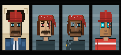 A heavily pixelated or blurred image shows four vertical panels containing what appear to be brown, red, and blue objects.