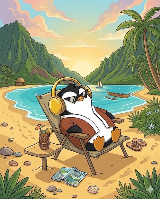 A colorful digital illustration of a penguin wearing sunglasses and yellow headphones, relaxing in a beach chair with a tiki drink, while reading a 'HANA BAY GUIDE' next to a tropical bay and palm trees.