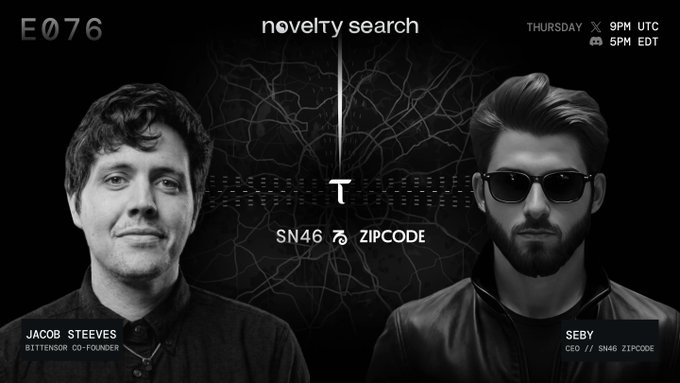 The image features a poster for a show called "Novelty Search" with two men's faces displayed, one wearing sunglasses and the other without. The poster also includes information about the show's date, time, and location, as well as the names of the hosts. The text on the poster mentions that @const_reborn is speaking with @sebyrubino #SN46 at a building called @zipcodenetwork.
