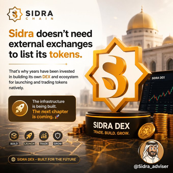 The image is a promotional graphic for Sidra Chain featuring the Sidra DEX, with a golden 3D logo displayed on a pedestal against a backdrop of an ornate domed building, accompanied by text stating "Sidra doesn't need external exchanges to list its tokens," explaining that years have been invested in building its own DEX and ecosystem for launching and trading tokens natively, along with the tagline "The infrastructure is being built. The next chapter is coming. 🚀", icons representing Build, Launch, Trade, and Grow, the slogan "SIDRA DEX - TRADE. BUILD. GROW." and "SIDRA DEX - BUILT FOR THE FUTURE," and is attributed to @Sidra_adviser, directly reinforcing the post's message about Sidra's independence from external exchanges through its native DEX infrastructure.