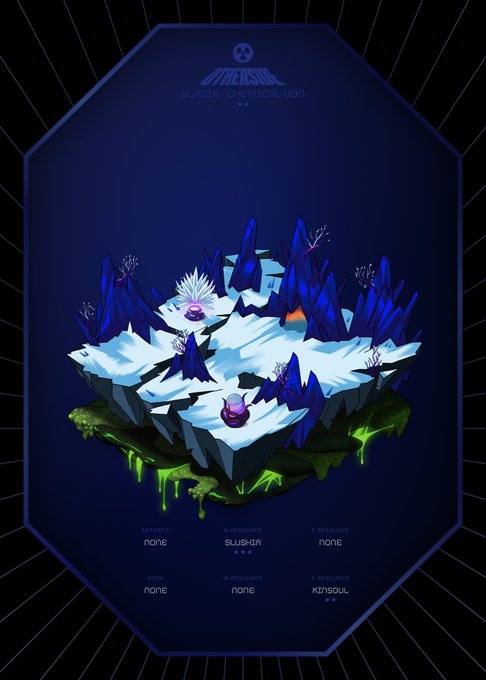 A digital artwork titled 'ONESOL BLASTIN' CHEMICAL 000' depicting an isometric floating island environment with dark blue crystals, purple mushrooms, and resource text below listing 'none', 'SUSHIKIA', and 'KINSOU'.