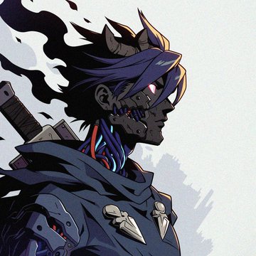 A man with a sword standing against a white background, wearing a blue outfit with armor and red accents. In the bottom right corner of the image, there's a link to a Discord server called "YŪGEN LEADERS". The man appears to be looking off into the distance or to his left.