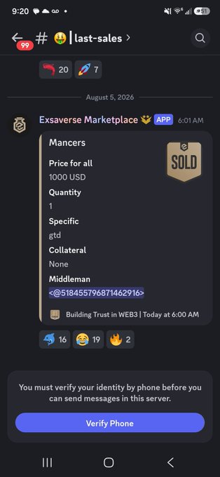 A screenshot of a Discord chat in the #last-sales channel showing an 'Exsaverse Marketplace' post advertising 'Mancers' for 1000 USD with a SOLD tag, along with a phone verification prompt.