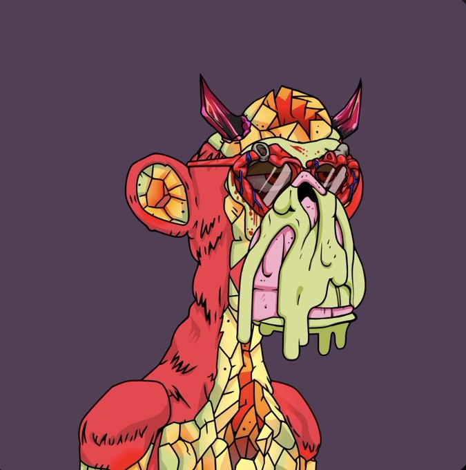 A vibrant cartoon-style illustration of a fragmented, mosaic-textured ape character wearing red sunglasses, with green slime dripping from its mouth and red horns, set against a purple background.