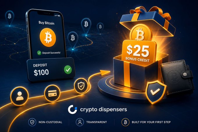 Promotional graphic for Crypto Dispensers showing a Bitcoin deposit of $100 earning a $25 bonus credit, with text 'NON-CUSTODIAL', 'TRANSPARENT', and 'BUILT FOR YOUR FIRST STEP'.
