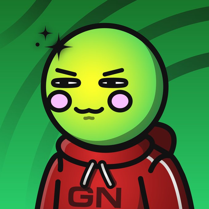 The image features a cartoon character wearing a red hoodie with "GN" written across the front. The character has a green face and is looking directly at the camera. The background of the image is a vibrant green color, which complements the character's appearance. The caption below the image reads "I’ve been a huge fan of @zubic_eth and @SpaceRidersXYZ for a very long time" and mentions that the character has joined the Space Riders.