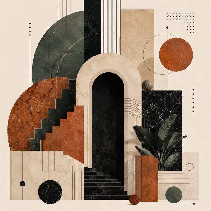 The image features an abstract art piece that combines various elements such as stairs, plants, balls, and a door. The artwork has a unique blend of geometric shapes and organic forms, creating a visually engaging composition. The colors used are predominantly black, white, and brown, which adds to the overall aesthetic appeal of the piece. The post about Velumina feels like more than just abstract art; it seems to be an exploration of the relationship between structure and creativity in contemporary visual language.

The image is a complex arrangement of shapes that seem to interact with each other, creating a sense of movement and dynamism. The use of different colors adds depth and contrast to the piece, making it visually interesting and thought-provoking. Overall, this artwork seems to be an exploration of how abstract forms can be used to create a visual language that is both structured and alive with energy.