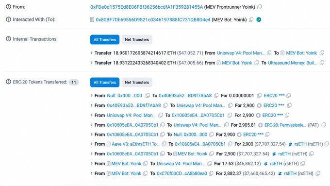 A blockchain transaction record showing transfers from address 0xfDe0d1575Ed8E06FBf36256bcd1A1F359281455A (MEV Frontrunner Yoink) interacting with MEV Bot: Yoink, including ETH transfers totaling around 18.95 ETH and multiple ERC-20 token transactions.