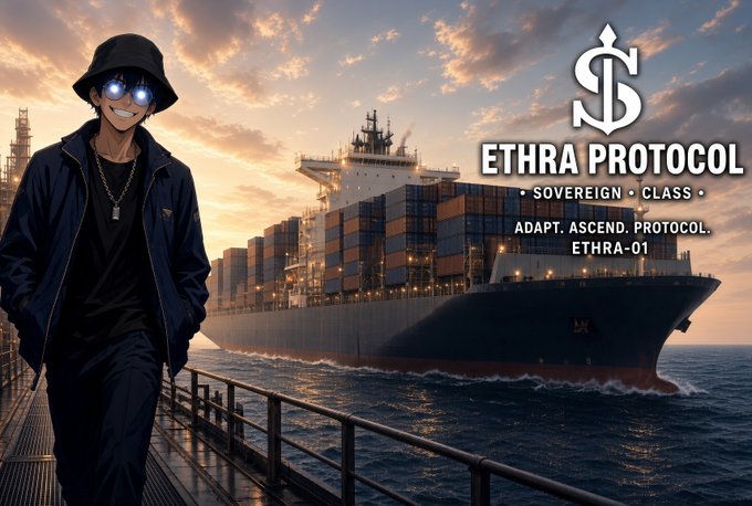 Promotional artwork for 'ETHRA PROTOCOL – SOVEREIGN CLASS' featuring the tagline 'ADAPT. ASCEND. PROTOCOL. ETHRA-01' alongside an anime-style character with glowing glasses standing before a large cargo ship at sunset.