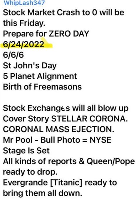 A conspiracy theory post by WhipLash347 predicting a 'Stock Market Crash to 0' on 'ZERO DAY 6/24/2022,' citing 6/6/6, St John's Day, 5 Planet Alignment, and the 'Birth of Freemasons,' along with references to 'STELLAR CORONA,' 'CORONAL MASS EJECTION,' and Evergrande.