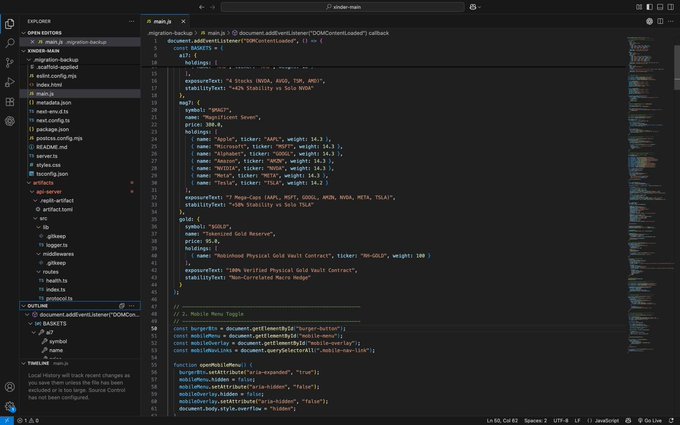 A code editor displays a JavaScript file named main.js containing arrays of financial ticker symbols (like AAPL, AMZN, GOLD) and news topics, with an 'OMNI' folder structure visible.