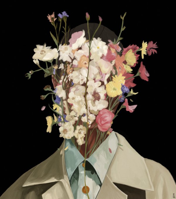 A surreal artistic portrait shows a figure in a beige coat whose face is obscured by a vibrant bouquet of colorful flowers against a black background.