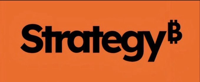 The word 'Strategy' in bold black text alongside a Bitcoin symbol 'B' is displayed on a bright orange background.