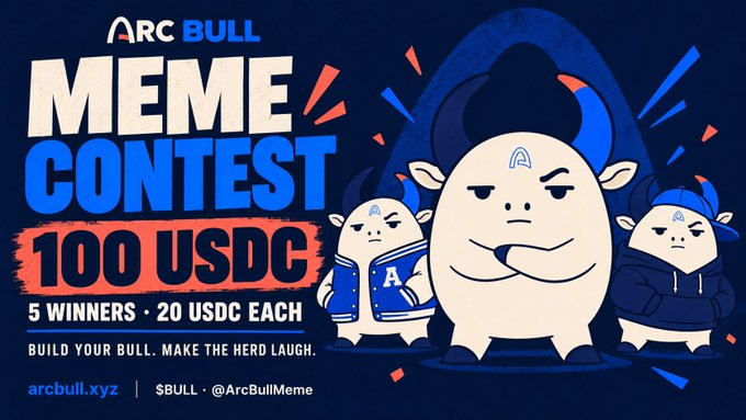A promotional graphic for the "ARC BULL MEME CONTEST" featuring three cartoon bulls with smug expressions against a dark blue background, advertising a 100 USDC prize pool split among 5 winners (20 USDC each) and directing users to arcbull.xyz to create their own meme, with the handles $BULL and @ArcBullMeme displayed.