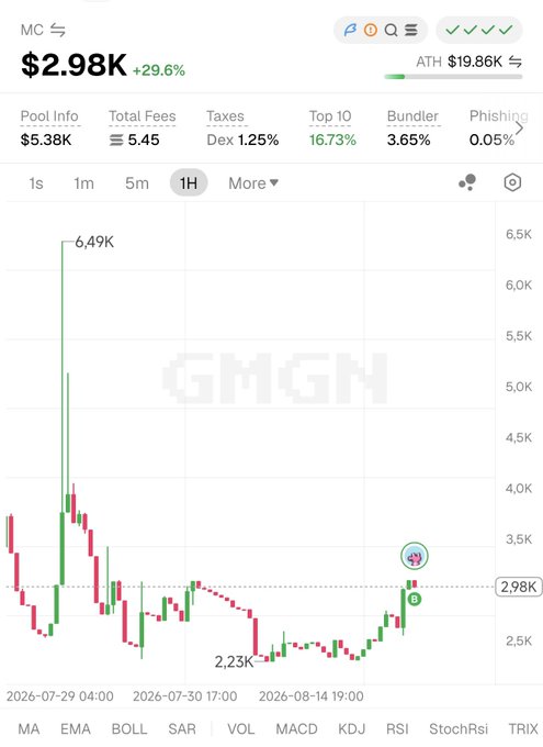 A candlestick chart for the GMGM token shows a current price of $2.98K, up 29.6%, with an all-time high of $19.86K, a recent low of $2.23K, and a peak of 6.49K during a volatile hour-long timeframe. The image illustrates the extreme price swings referenced in the post, where the user humorously describes "ông tổ gồng lỗ" (the master of holding losses) on a low-cap token like GMGM, noting that while it can drop -50%, a single successful trade could turn $1 into $100.