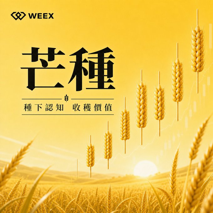 The image features a large field of wheat with golden ears, set against a bright yellow background. The text "忙而不茫" appears above the wheat, which translates to "golden ears." This phrase is accompanied by Chinese characters that read "種下未來 和小編一起收穫下一個百倍幣" (which means "golden ears" in English). The image also includes a post with Chinese characters that reads "#GM #WEEX".