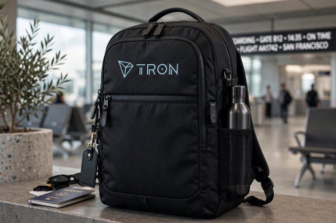 A black backpack with the 'TRON' logo displayed in an airport setting, featuring a side water bottle holder and attached accessories.