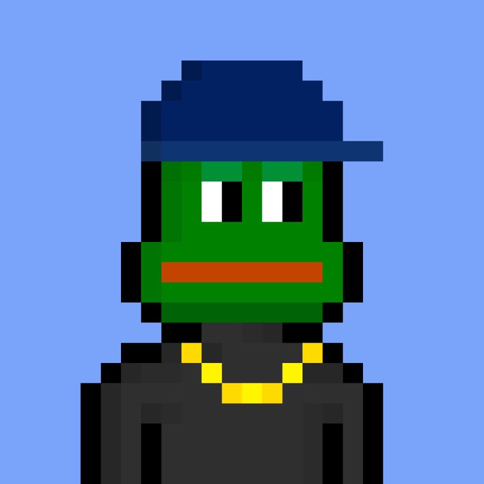 A pixel art character with a green face, blue cap, black outfit, and gold chain against a blue background.