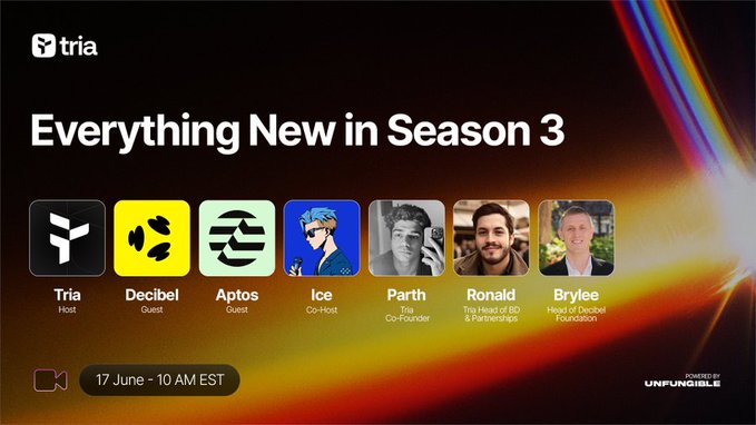 The image features a poster for Tria's Everything New in Season 3. The poster displays six different faces of people with various expressions, each representing a different character from the show. The text at the bottom of the poster announces that the show is now available on Tria and provides details about the streaming platform.