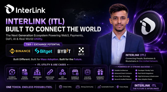 The image features an advertisement for Interlink ITL (ITL), which is a company that specializes in connecting people with cryptocurrency exchanges. The poster showcases the company's vision of the future, highlighting their focus on building a complete ecosystem for crypto exchanges. This includes infrastructure, utility, and real backend technology to ensure efficient and secure transactions. The image also features a man wearing a suit, symbolizing professionalism and trustworthiness associated with Interlink ITL.