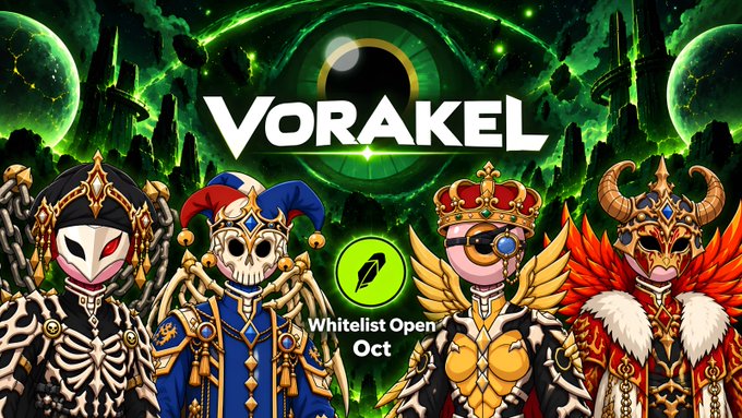 A promotional graphic for 'VORAKEL' featuring four elaborately costumed skeleton and demon characters with crowns and horns, set against a cosmic green background with a large central eye and the text 'Whitelist Open Oct'.