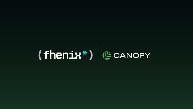 The image displays a logo graphic featuring "(fhenix*)" in white text alongside the "CANOPY" logo with its green leaf emblem, separated by a vertical line, set against a dark gradient background—visually representing the partnership between Fhenix and Canopy (CNPY) to integrate confidential computing capabilities.