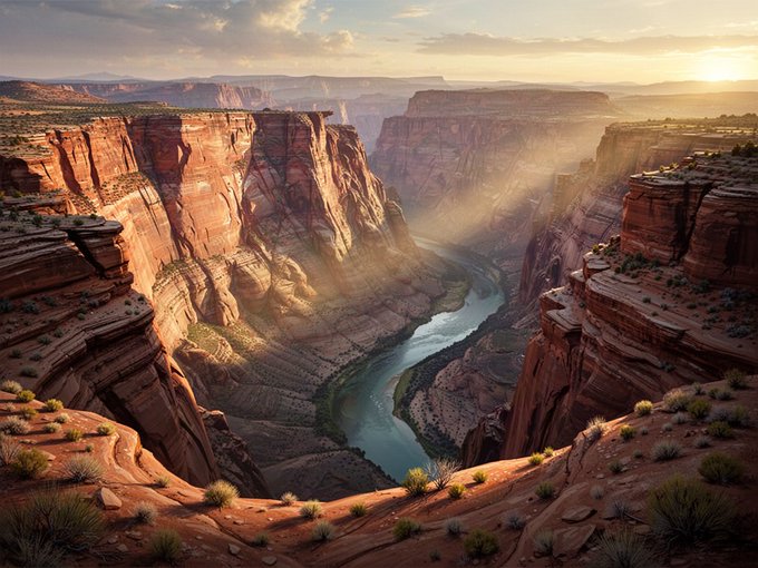 A scenic landscape of a deep canyon with a winding river, likely depicting the Grand Canyon, illuminated by golden sunset light.