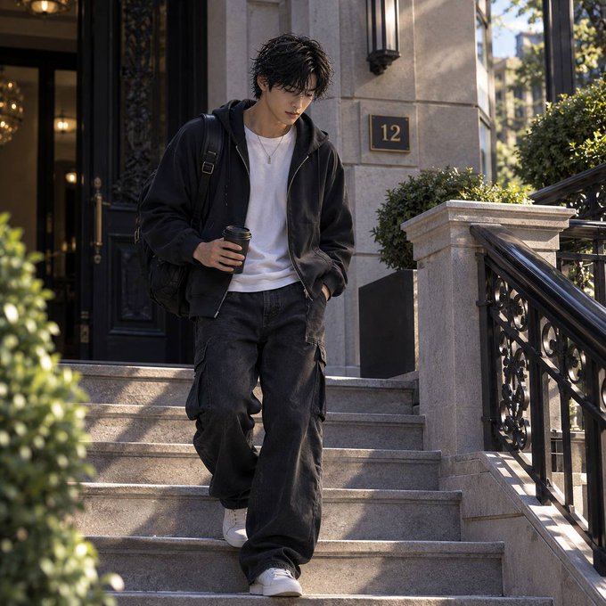 A young man with dark hair wearing a black hoodie, white t-shirt, dark cargo pants, and white sneakers descends stone steps outside a brown door while holding a coffee cup.