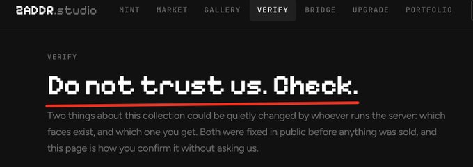 A screenshot of a webpage from '2ADDR studio' with the heading 'VERIFY' and text stating 'Do not trust us. Check.'