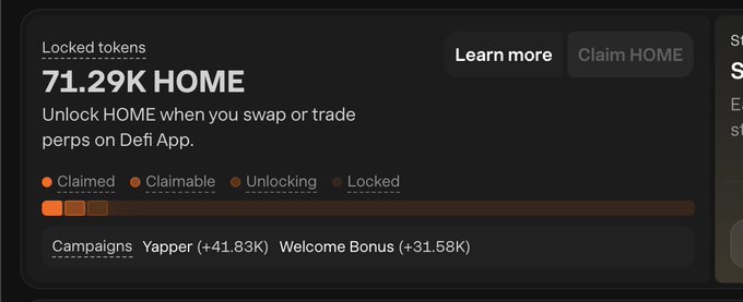 The image shows a screenshot of a website called "DefiApp" with a list of claims and their corresponding rewards, along with a claim that has been successfully unlocked. The claim is for $Home, which is currently at the top of the leaderboard in terms of BN gains. The post mentions that there are still some positions locked up on this particular claim, so users might need to trade again to fully unlock them and claim their rewards.