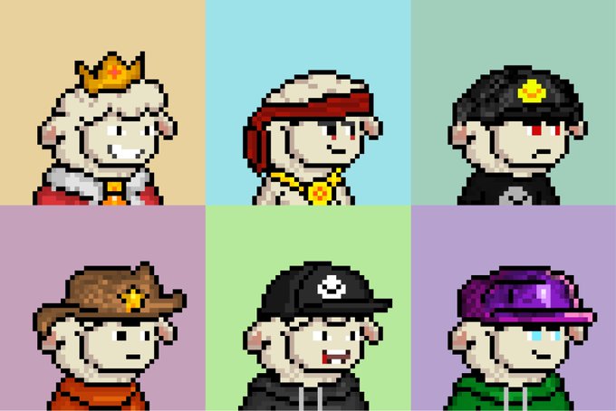A pixel art illustration displaying six character portraits on different colored backgrounds, featuring figures wearing a crown, red headband, police cap, cowboy hat, baseball cap, and purple cap.