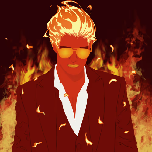 A stylized illustration of a man in a suit with flaming hair and yellow sunglasses against a background of flames.