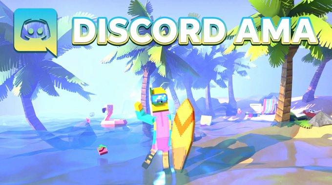 The image features a colorful, tropical beach scene with a blocky character holding a pink flamingo floatie and a surfboard, accompanied by the Discord logo and bold text reading "DISCORD AMA." This matches the post's promotion of an upcoming Discord AMA session, using the playful, summery game-world setting to visually hype the community event.