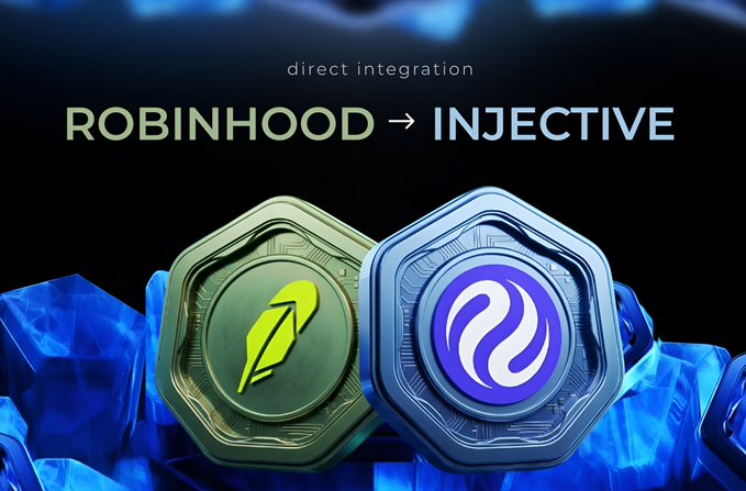 The image promotes a direct integration between Robinhood and Injective, displaying the Robinhood green feather logo and Injective blue hexagonal token emblem under the text "direct integration ROBINHOOD → INJECTIVE," which visually reinforces the post's announcement that users can now buy $INJ directly in the Robinhood app and transfer it natively to Injective without bridges or wrapped assets.